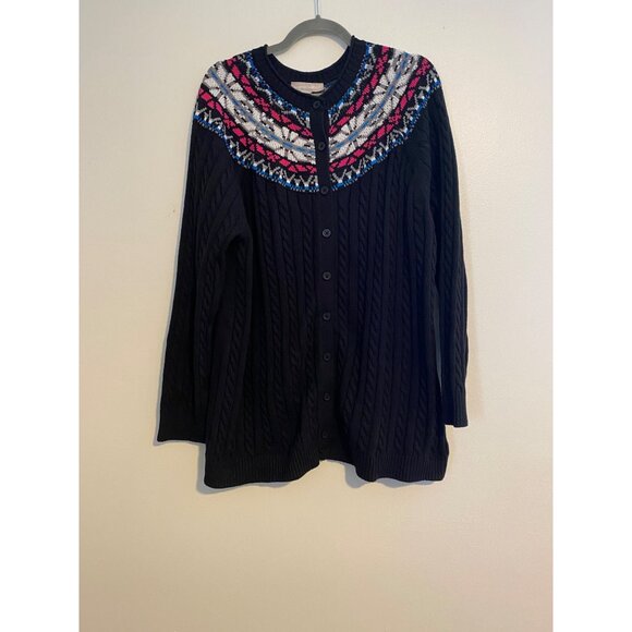 Woman Within Black Nordic-Style Cardigan Sweater With Cable Knit Design 2X Artsy - Picture 1 of 9